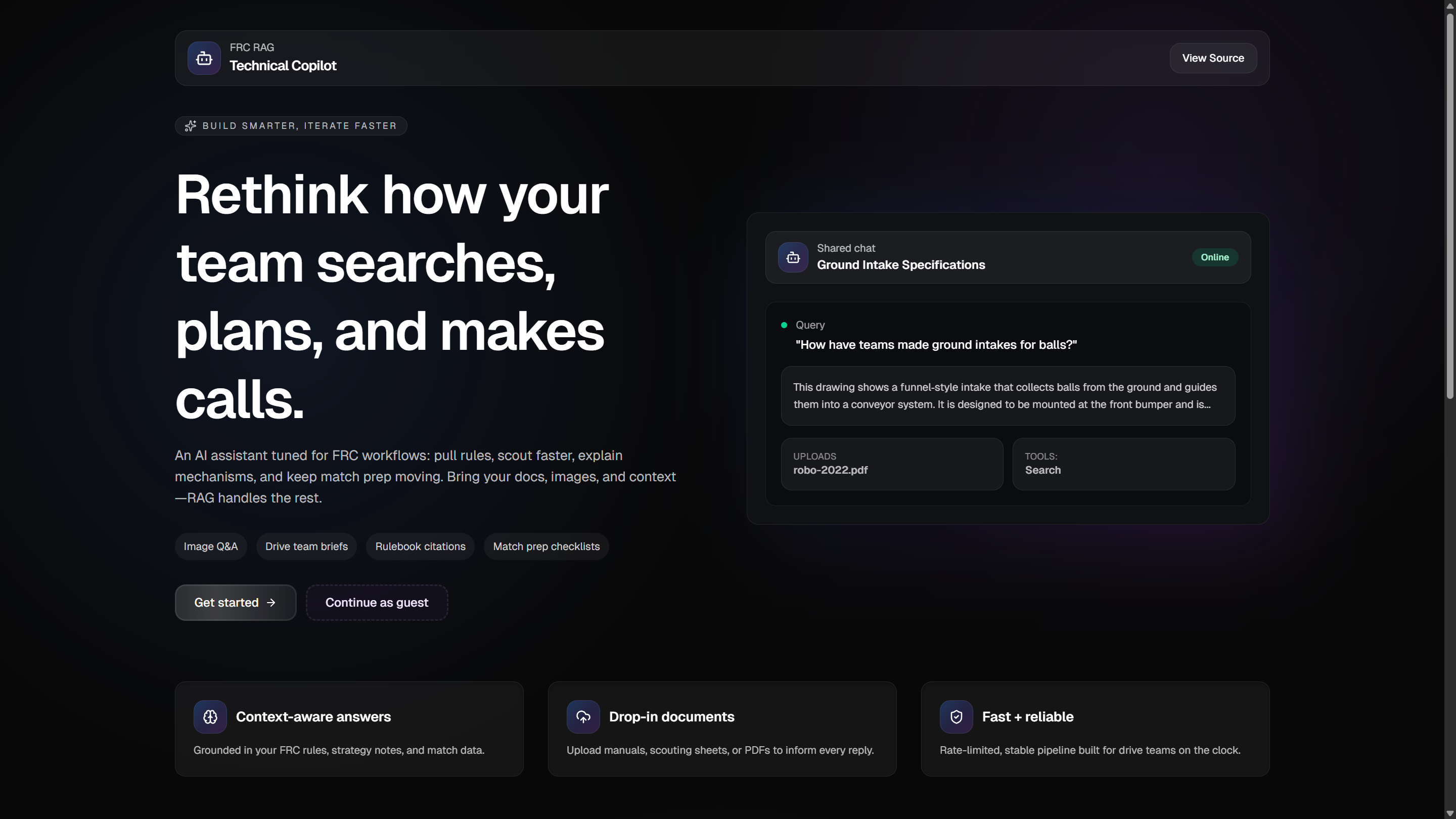 The FRC RAG landing page, a dark technical copilot interface.